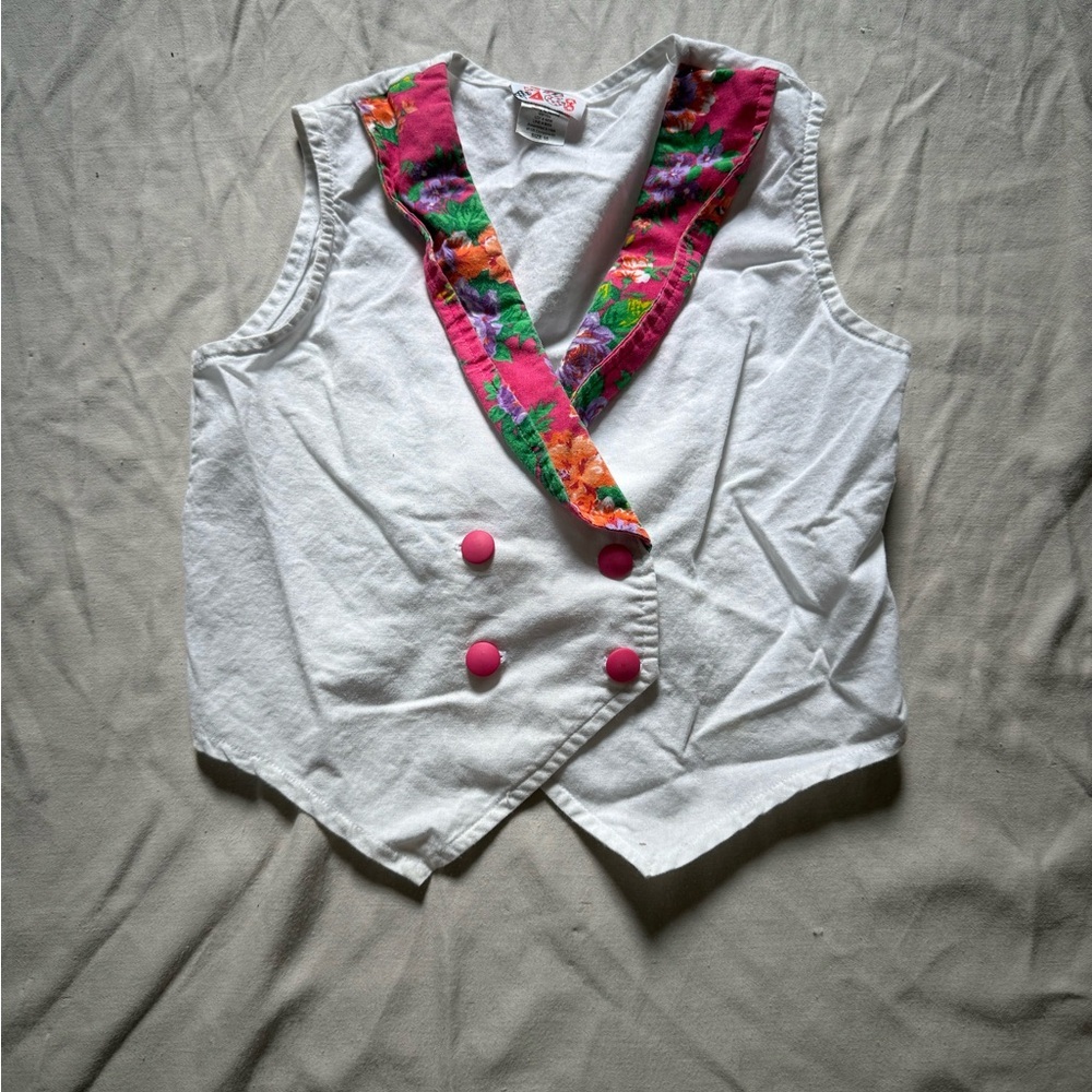 Vintage 90s Girls White Vest Pink Tropical Collar Size 10 Kids Elastic Waist